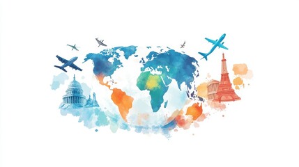 Fototapeta premium Playful Watercolor Globe with Famous Landmarks and Planes
