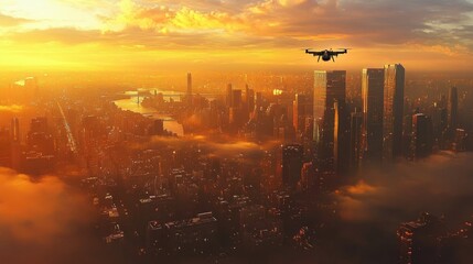 Aerial View of Cityscape at Sunset with Flying Drone