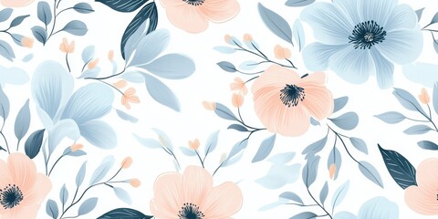 A floral pattern featuring soft blue and peach flowers on a light background.