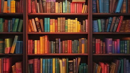 Colorful Books on Wooden Shelf in Library