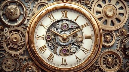 Obraz premium Vintage Steampunk Pocket Watch with Intricate Gears and Brass Finish