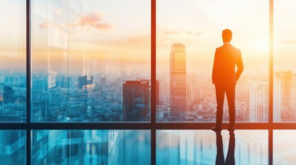 Fototapeta premium A silhouette of a businessman gazing at a city skyline during sunset.