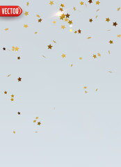 Golden confetti falling shapes stars on light background. Confetti realistic round flat design for banners or party themes. Bright festive tinsel of gold color. Vector illustration