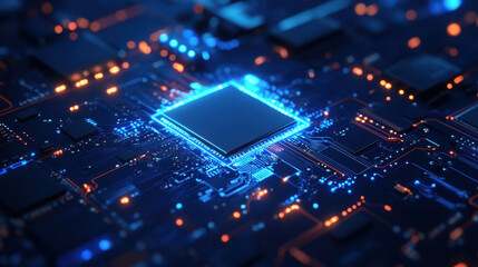 Exploring the intricate design of a computer chip showcasing artificial intelligence at nighttime