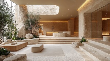 A sleek reception area with warm beige tones, minimalist furniture, and natural textures like wood and stone