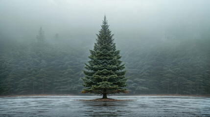 Solitary evergreen tree amidst mist in tranquil forest landscape