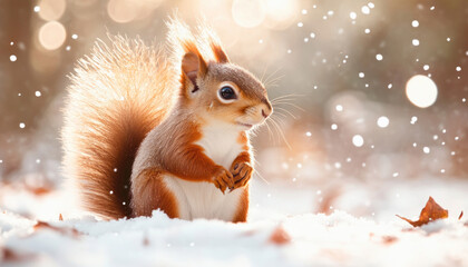 Cute red squirrel standing on snow during a sunny winter day