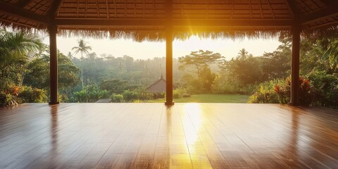 Obraz premium Serene sunrise view from a wooden pavilion overlooking lush greenery and tranquil landscape, perfect for relaxation.