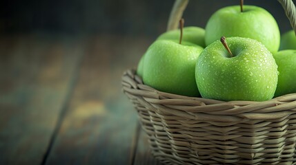 A wicker basket full of green apples with water drops.