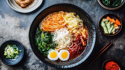 Colorful Ramen Bowl with Fresh Ingredients and Toppings