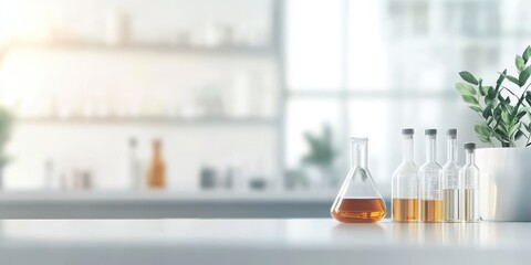 Study area with laboratory glassware including flasks and test tubes, showcasing science and experimentation in a bright environment.