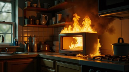 Fire hazard caused by a malfunctioning microwave in a cozy kitchen