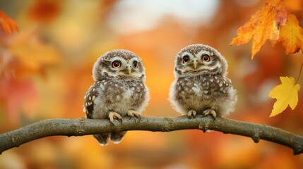 Two Adorable Baby Owls Perched on a Branch