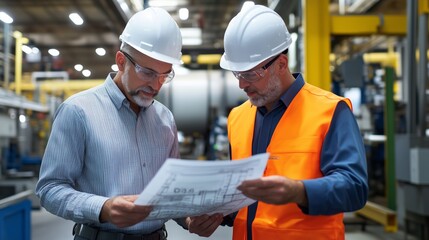 Two engineers review construction plans in a manufacturing facility during daylight hours, focusing on project details