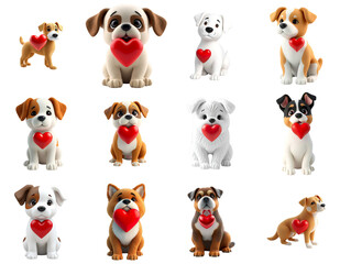 Cute Cartoon Puppies with Red Hearts Illustration Set on Transparent Background for Design Elements and Overlays