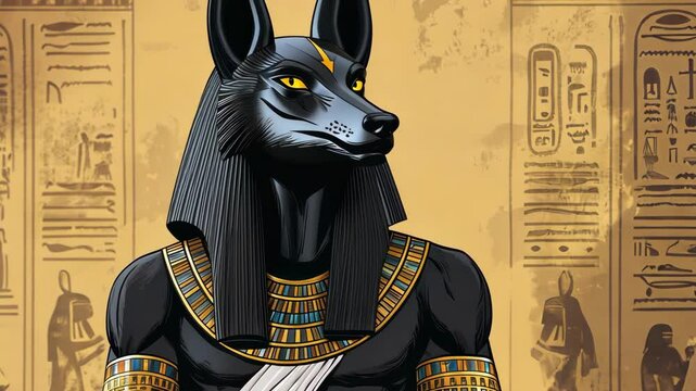 Anubis, the jackal-headed god of the dead, stands before a wall of hieroglyphs in ancient Egypt