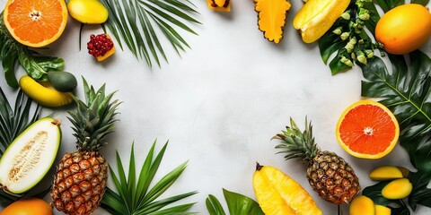 Vibrant arrangement of tropical fruits and green leaves on a marble surface, perfect for summer or healthy lifestyle themes.