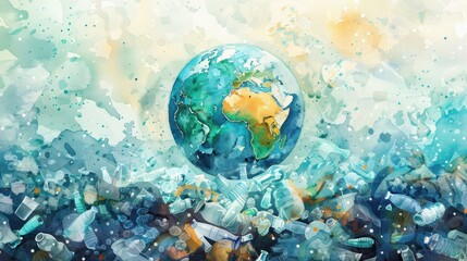 Fototapeta premium Watercolor Illustration of Earth Surrounded by Plastic Waste