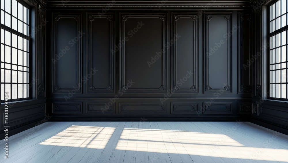 Wall mural empty interior with black wall, wood floor, window and curtain. 3d render illustration.