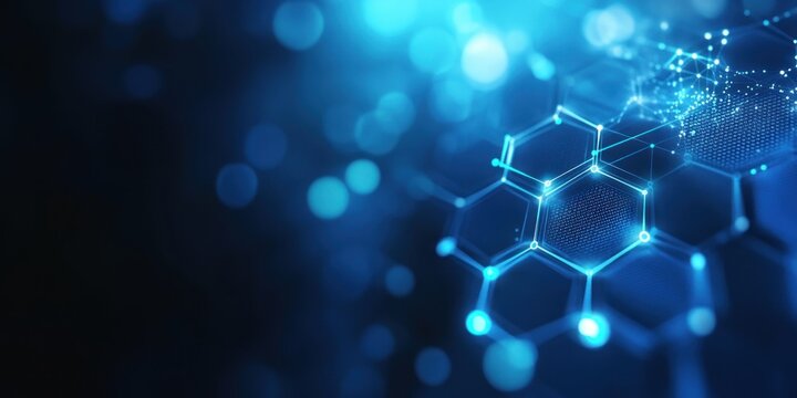 Blue background with hexagons and digital connections futuristic technology abstract.