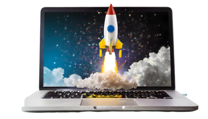 Rocket coming out of laptop screen Splash. Generative AI.
