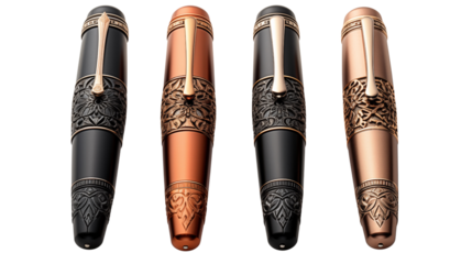 Set of three black and gold luxury fountain pens, studio view, isolated on white background.