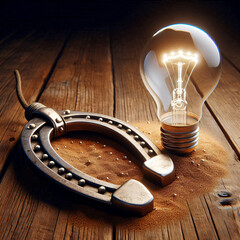 Ein Hufeisen und eine Gl&uuml;hbirne liegen auf einer Holztafel. Ideeenschmiede. Jeder ist seines Gl&uuml;ckes Schmied. 