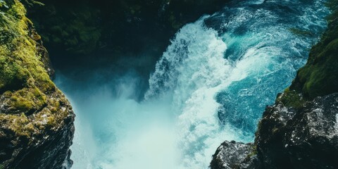 A captivating view of a cascading river flowing between rugged rocks, showcasing the beauty of nature and tranquil turquoise waters.