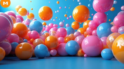 colorful spheres tumble and roll across a smooth blue background creating a playful and dynamic visual reminiscent of childhood joy and creativity bursting with vibrant hues and energy