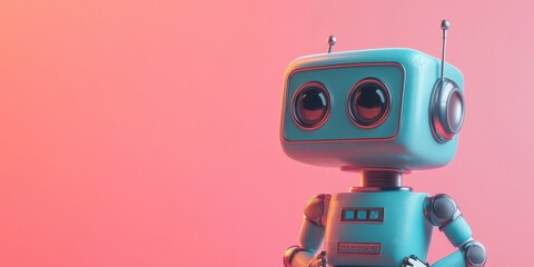 Fototapeta premium A charming retro robot with large eyes and a pastel color scheme, set against a vibrant pink background, symbolizing technology and nostalgia.