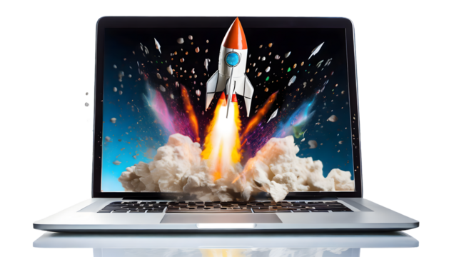 Rocket coming out of laptop screen Splash. Generative AI.