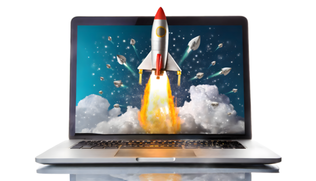 Rocket coming out of laptop screen Splash. Generative AI.