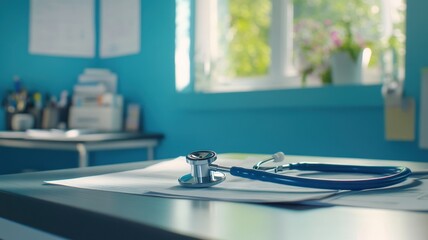 Stethoscope on a table in a medical office, with blue walls and a window in the background. Close-up of stethoscope and some medical documents on the desk