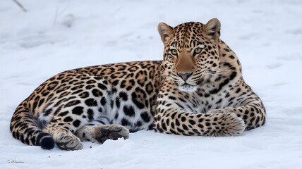 Majestic Snow Leopard A Close-Up Portrait in a White Snowy Setting