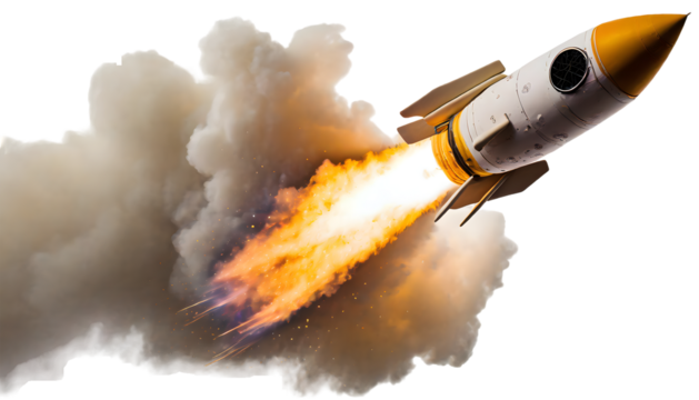 Rocket fire smoke trails Splash on a white isolated background. Generative AI.