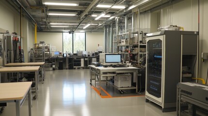Modern Laboratory Interior with Equipment and Computer Workstations.
