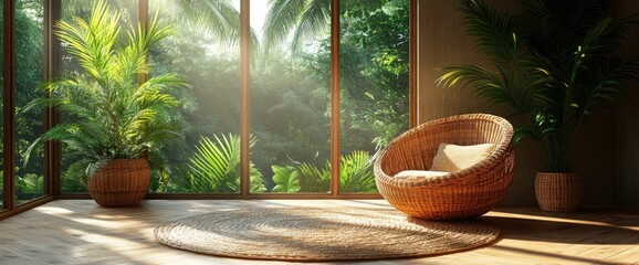 Relaxing in a Wicker Chair with a View of Lush Greenery