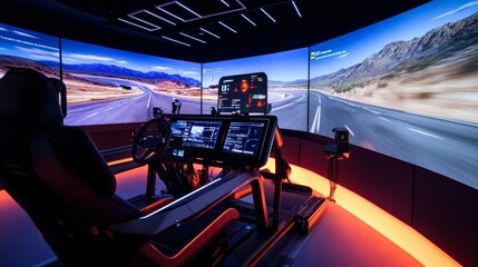 Immersive Driving Simulator with Desert Landscape.