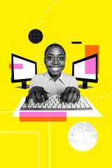 Vertical photo collage of happy american girl type keypad pc monitor device freelancer occupation...