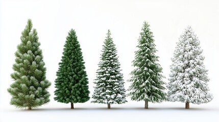 Five pine trees side-by-side, showcasing different levels of snowfall, perfect for winter and nature-themed designs.