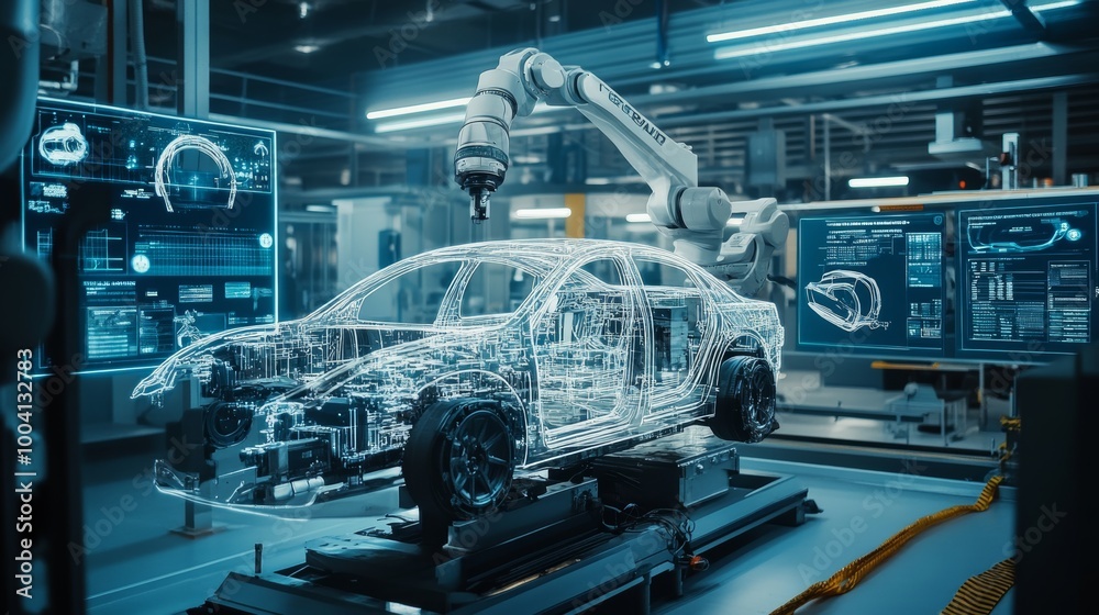 Wall mural robotic arm assembling car in factory