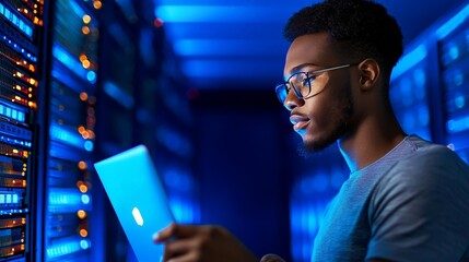 Side view portrait of an African American data engineer holding a laptop, working with a supercomputer in a server room illuminated by blue light, with rows of servers in the background