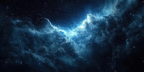 A mesmerizing view of an illuminated nebula in deep space, showcasing vivid blue colors amidst a backdrop of twinkling stars.