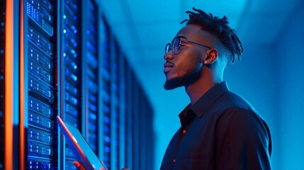 Side view portrait of an African American data engineer holding a laptop, working with a supercomputer in a server room illuminated by blue light, with rows of servers in the background