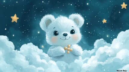 Illustrations with cute baby animals for newborn greetings, stars and clouds for greeting cards, invitations and prints