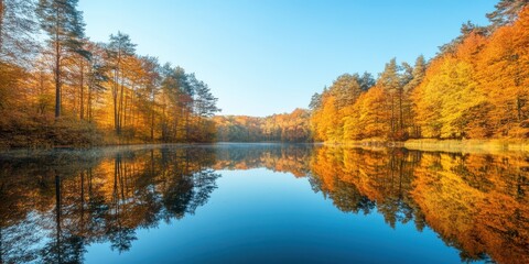 Fototapeta premium A serene autumn landscape with golden trees reflecting on a calm lake under a clear blue sky.