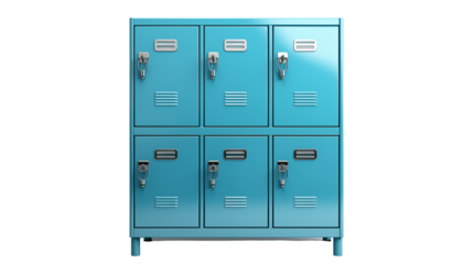 Three blue school lockers, studio view, isolated on white background.