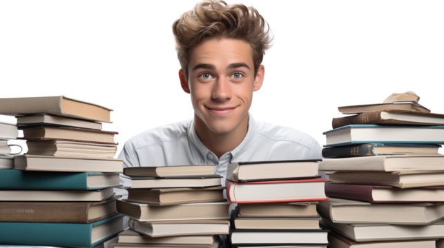 teenager student holding books, studio view, isolated on white background.