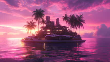 Generative AI, Vaporwave Tropical Island with Classic Sports Cars and a Neon Sunset