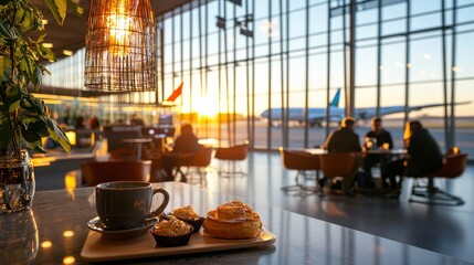 Modern Airport Cafe Scene with Travelers Enjoying Coffee and Pastries by the Runway